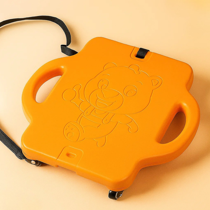 Orange scooter board with side handles, a bear design, caster wheels, and an attached black pull rope