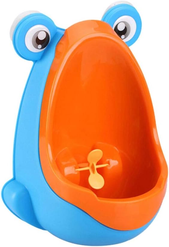 Orange and blue frog-shaped potty-training urinal with a yellow aiming target