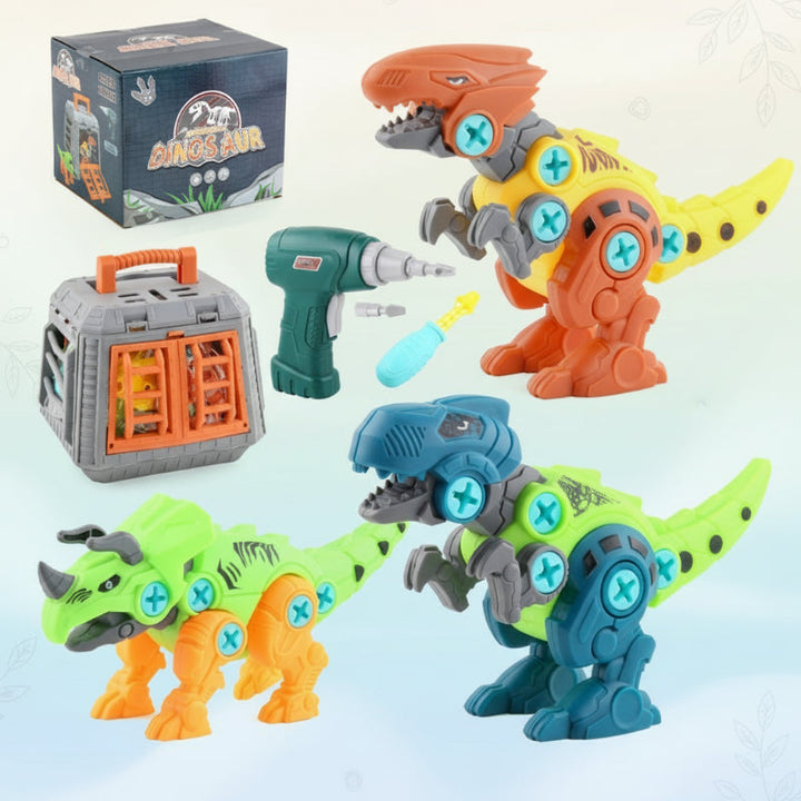 Orange, blue, and green dinosaur building set with drill, screwdriver, and orange-doored storage box