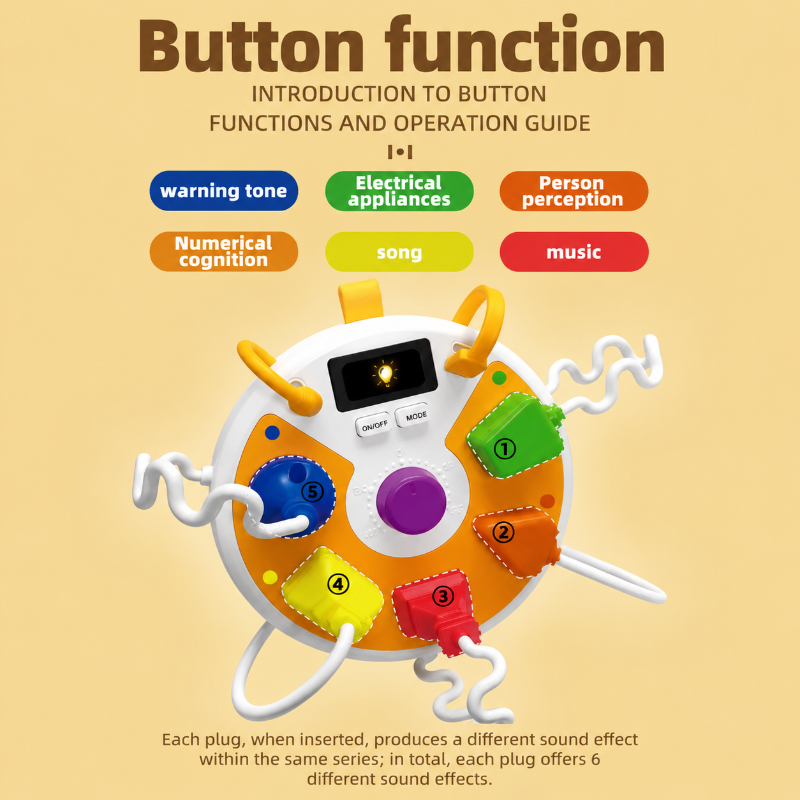 Orange busy board diagram showing numbered toy plugs and sound-mode labels