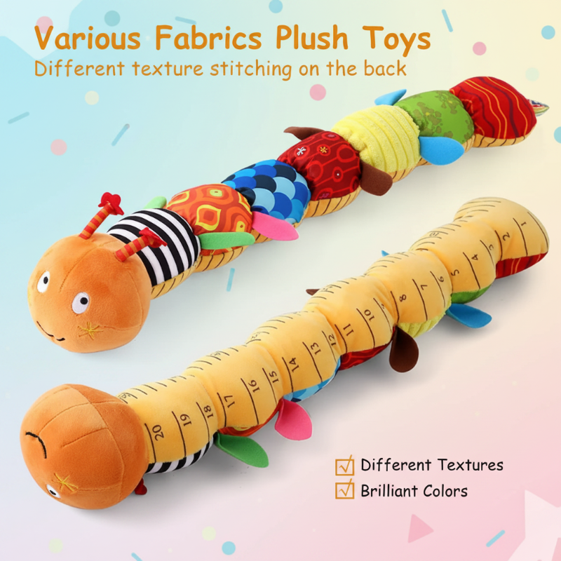 Front and back views of an orange caterpillar rattle with patterned fabric segments