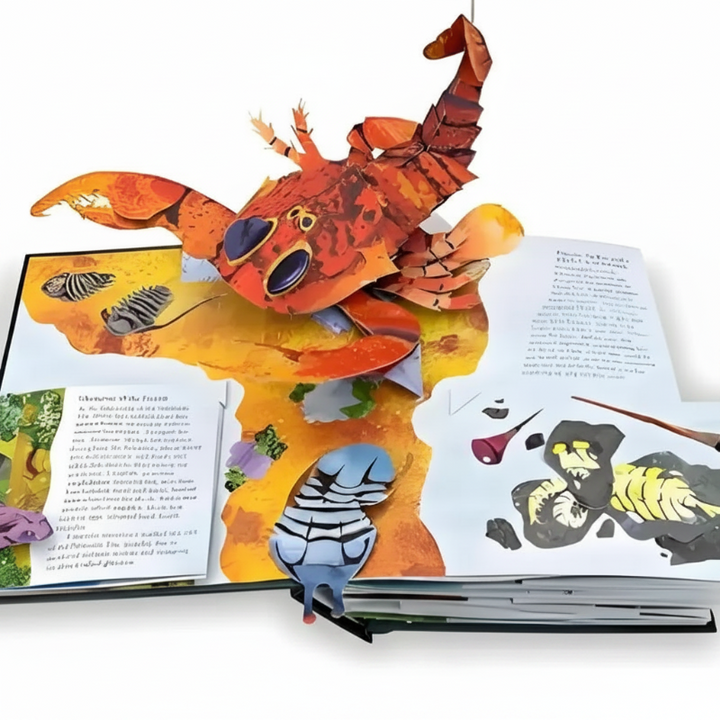 A large orange clawed creature rising from an illustrated pop-up book spread