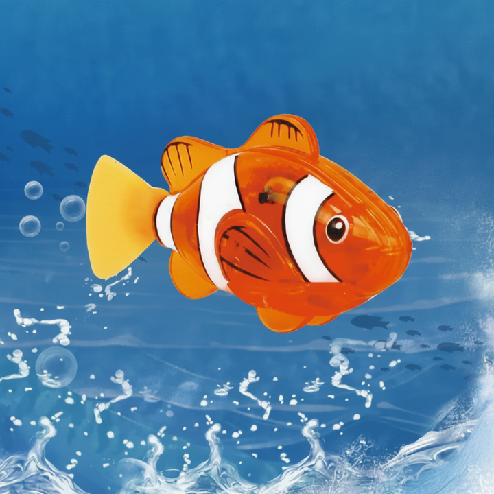 Orange clownfish swimming toy with white stripes and a yellow tail