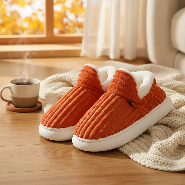 Orange corduroy slippers with white lining beside a knitted blanket and mug.