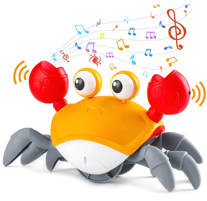 Orange crawling crab toy with red claws, gray legs, and musical-note graphics