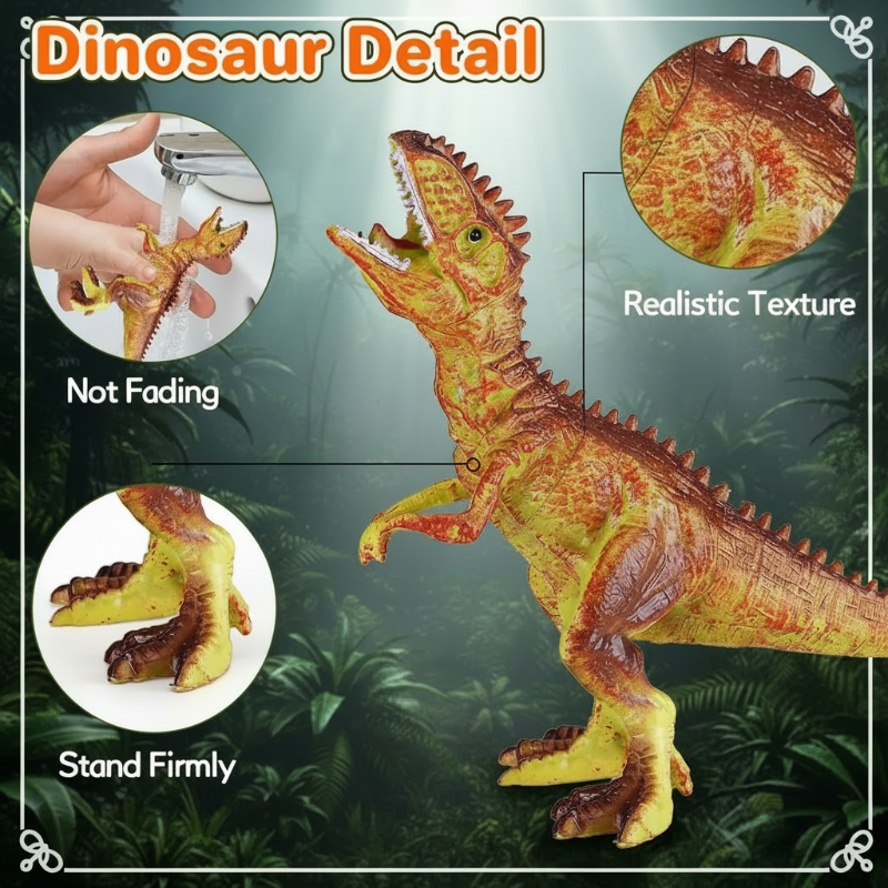 Orange dinosaur figure with close-ups of its textured body and feet.
