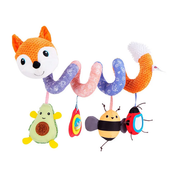 Orange fox spiral activity toy with multicolored coils and hanging animal and insect toys.