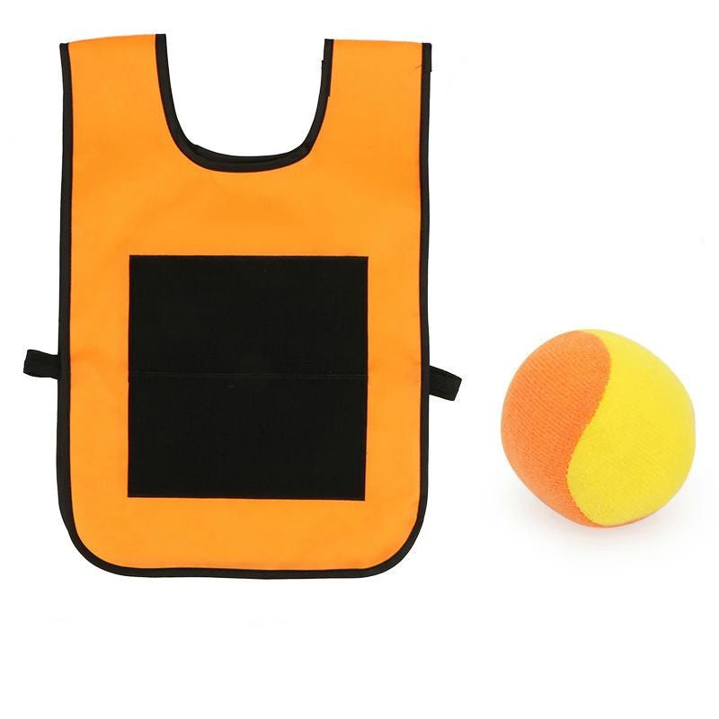 Orange game vest with a black catch panel and a yellow-and-orange ball
