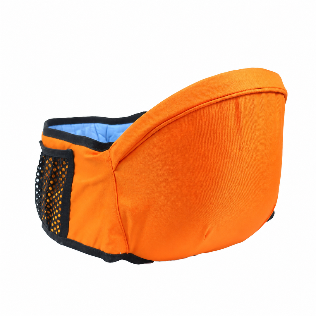Orange hip carry seat with a black mesh side pocket
