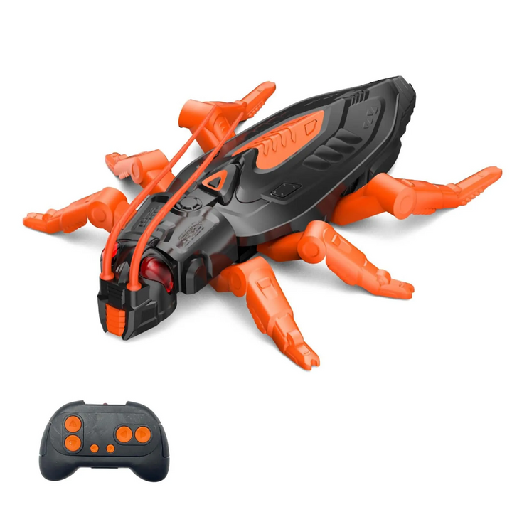 Orange insect-style robot toy with a black remote control and orange buttons