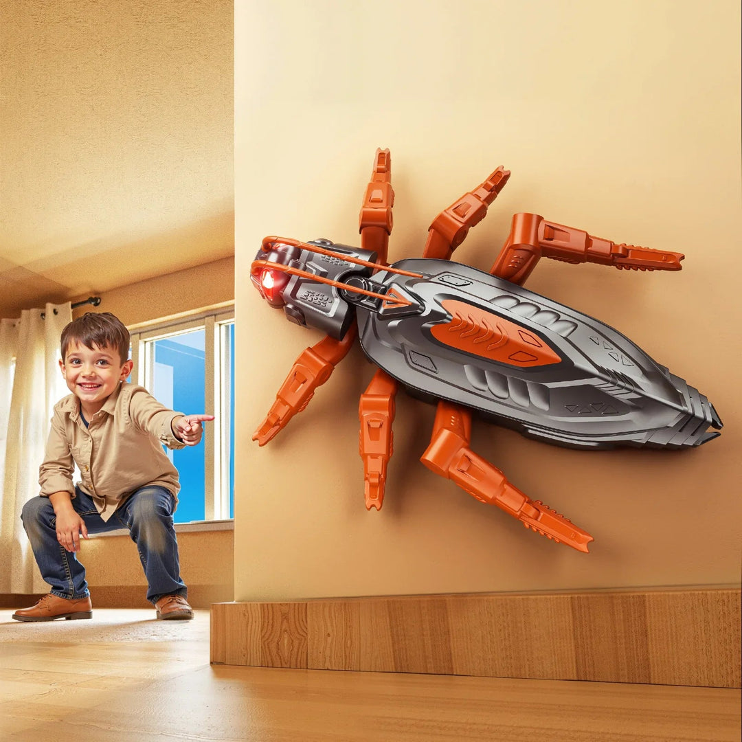 Orange insect-style robot toy on an indoor wall with a child nearby