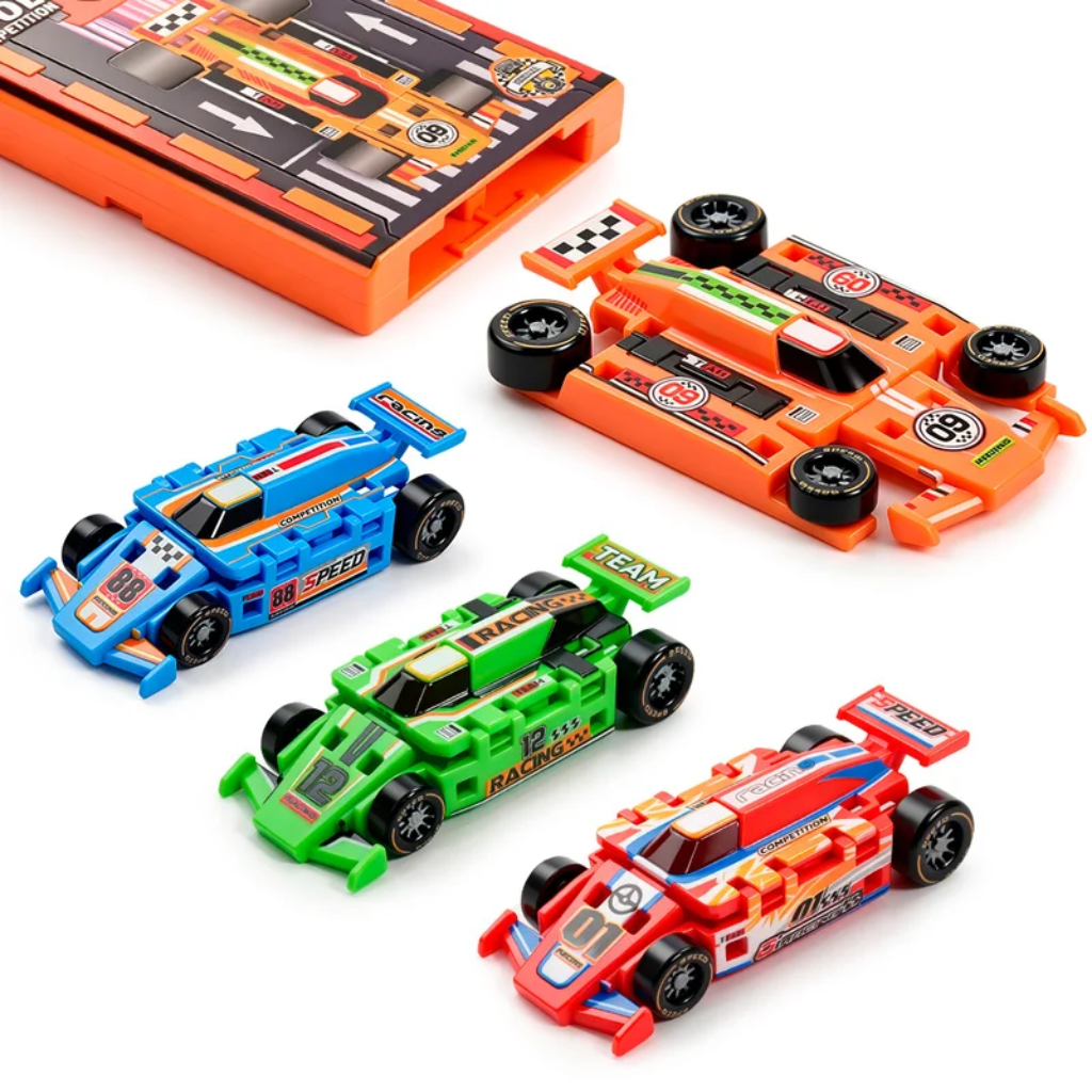 Orange launch base with a flattened orange race car and raised blue, green, and red cars.