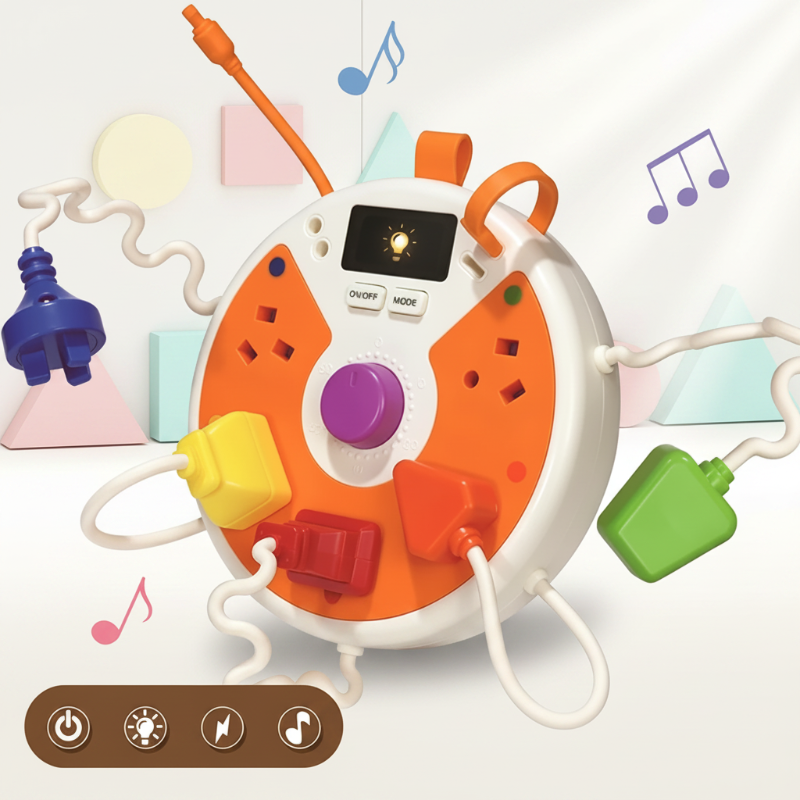 Orange light-up busy board with colorful plugs, a purple dial and a light-bulb display