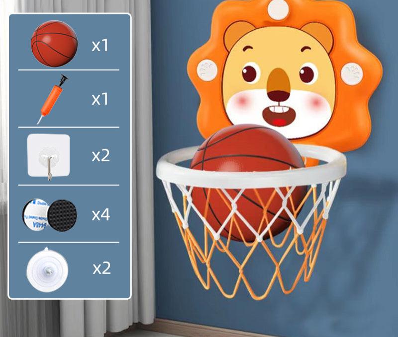 Orange lion basketball hoop beside a panel showing the ball, pump, hooks, pads, and suction cups