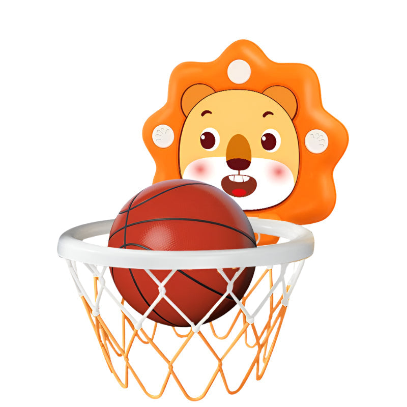 Orange lion-shaped mini basketball hoop with a red ball and white-and-orange net