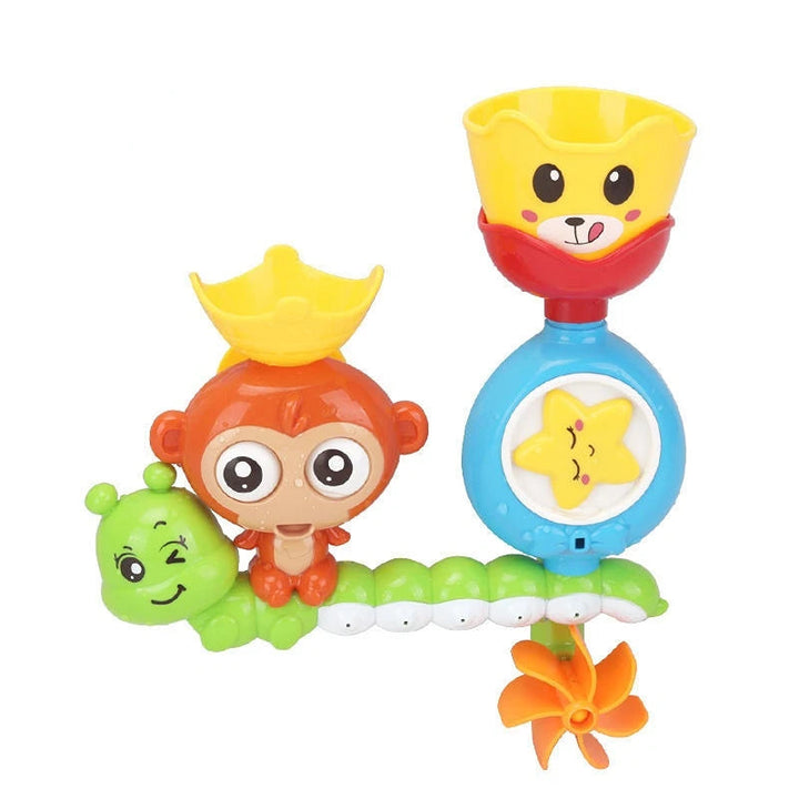 Orange monkey and green caterpillar bath toy with a yellow cup and orange spinner