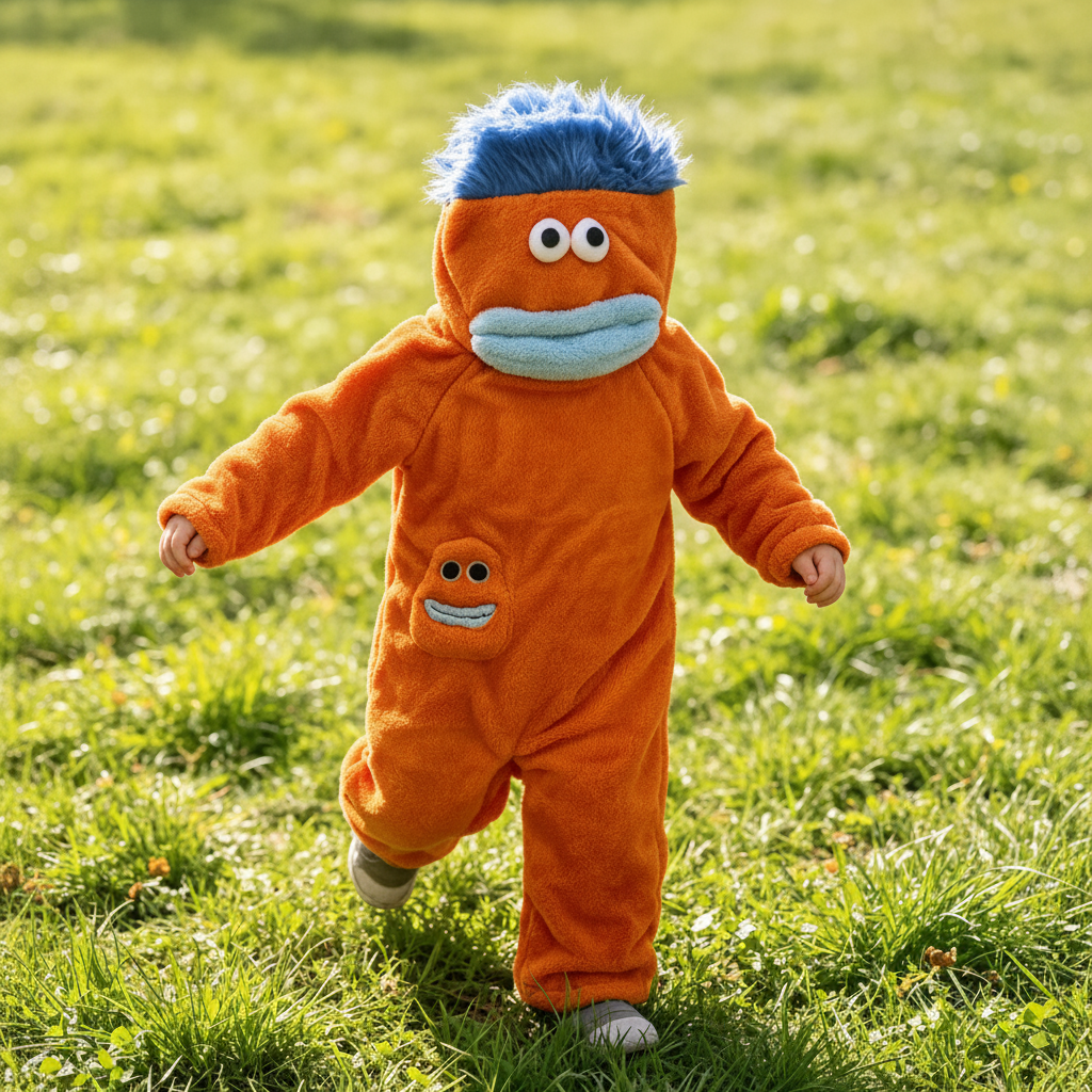 Child running on grass in an orange monster onesie with a blue-haired hood