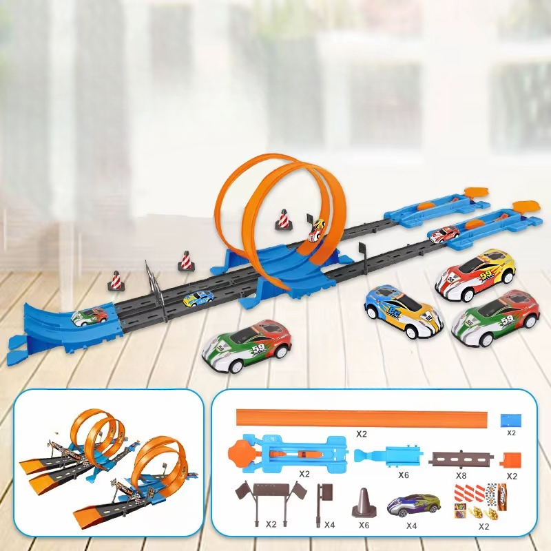 Orange-loop track set with blue launchers, toy cars, and alternate layouts shown below.