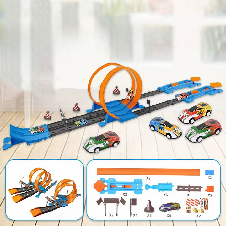 Orange-loop track set with blue launchers, toy cars, and alternate layouts shown below.
