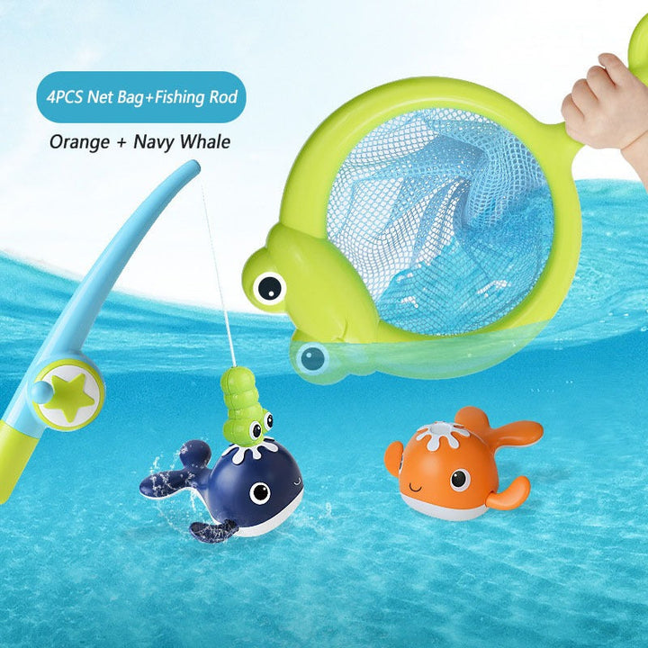 Orange and navy whale bath toys shown with a magnetic fishing rod and green frog-shaped net.