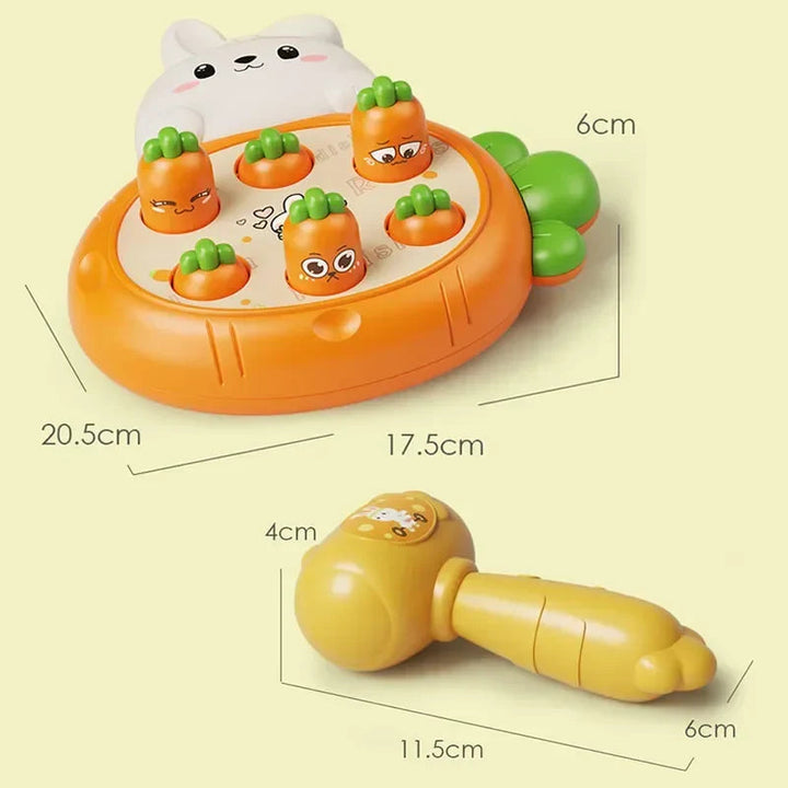 Dimensions of the orange playboard and yellow hammer shown in centimeters