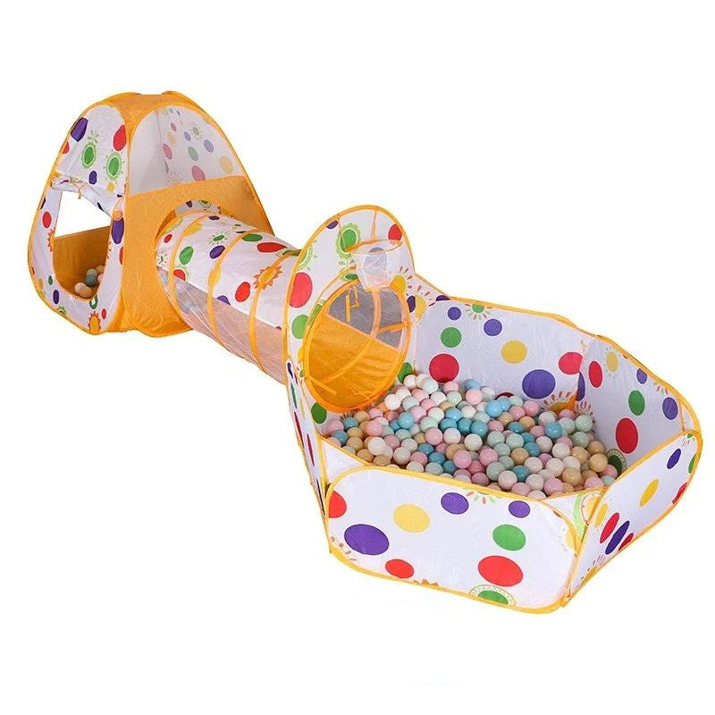 Orange polka-dot play tent and tunnel with a matching ball pit filled with pastel balls
