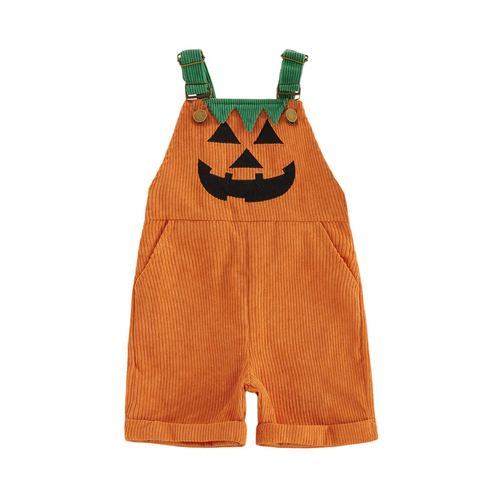 Orange pumpkin overalls with green adjustable straps, a jack-o&