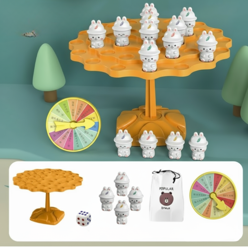 Orange rabbit balance game with rabbit figures, a die, a spinner, and a storage bag
