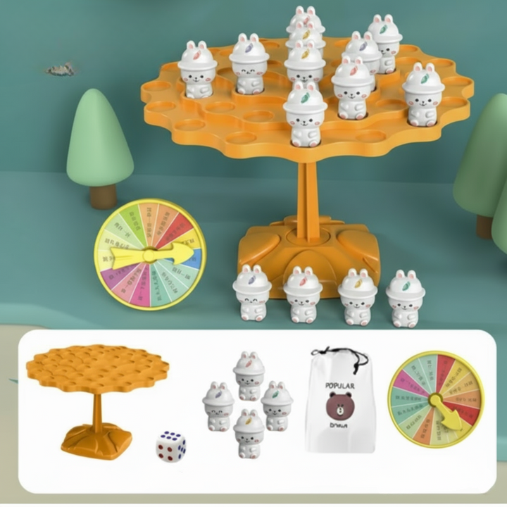 Orange rabbit balance game with rabbit figures, a die, a spinner, and a storage bag