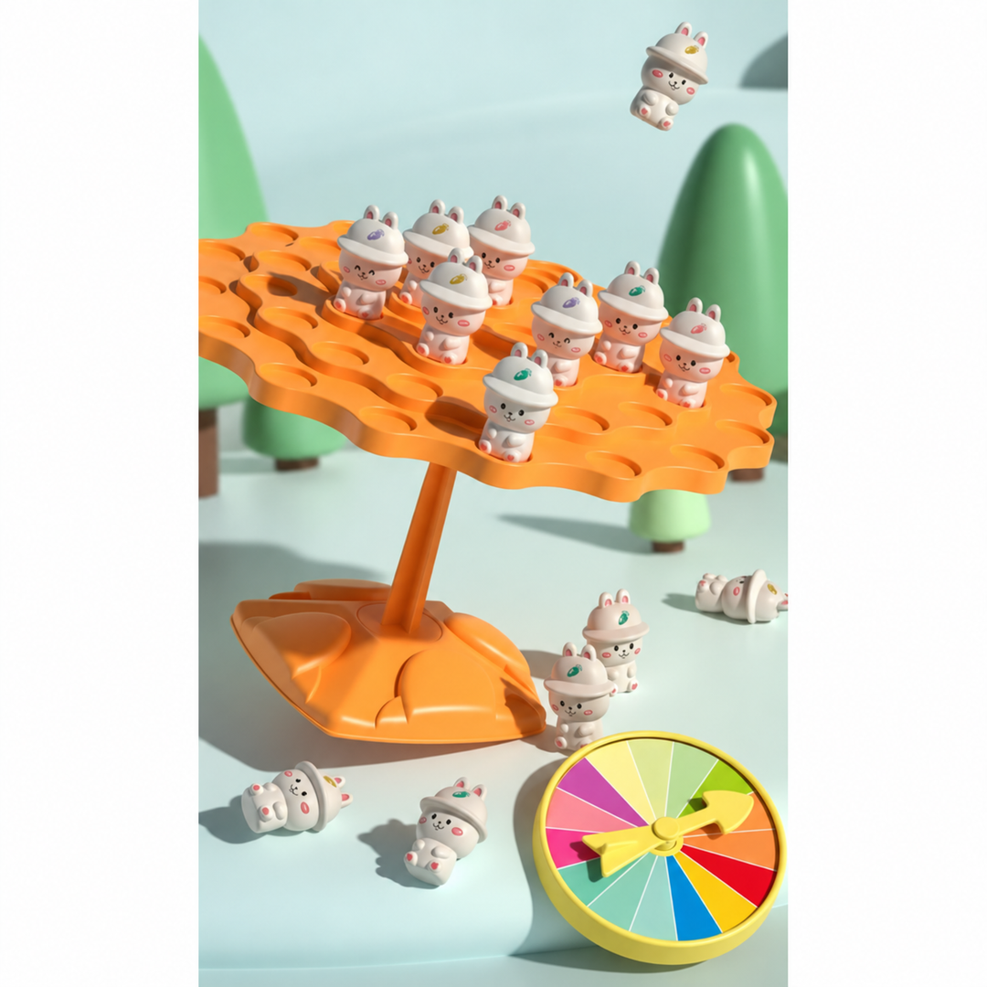 Rabbit figures on a tilted orange balance tree beside a multicolor spinner