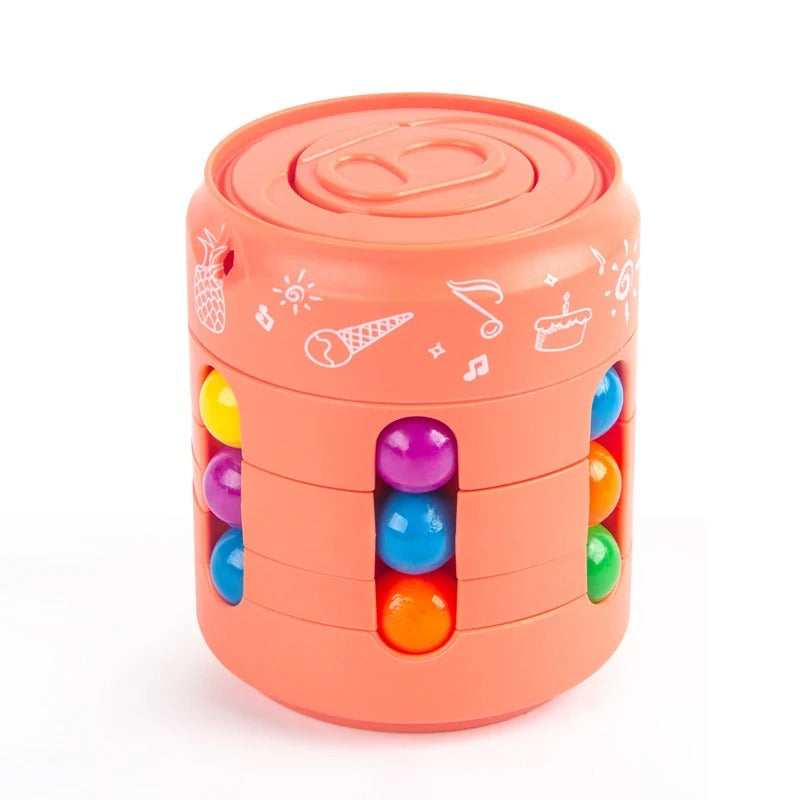 Orange fidget puzzle with rotating rings and multicolored beads