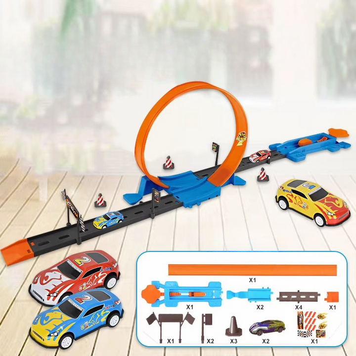 Orange single-loop track with a blue launcher, toy cars, and a parts guide.
