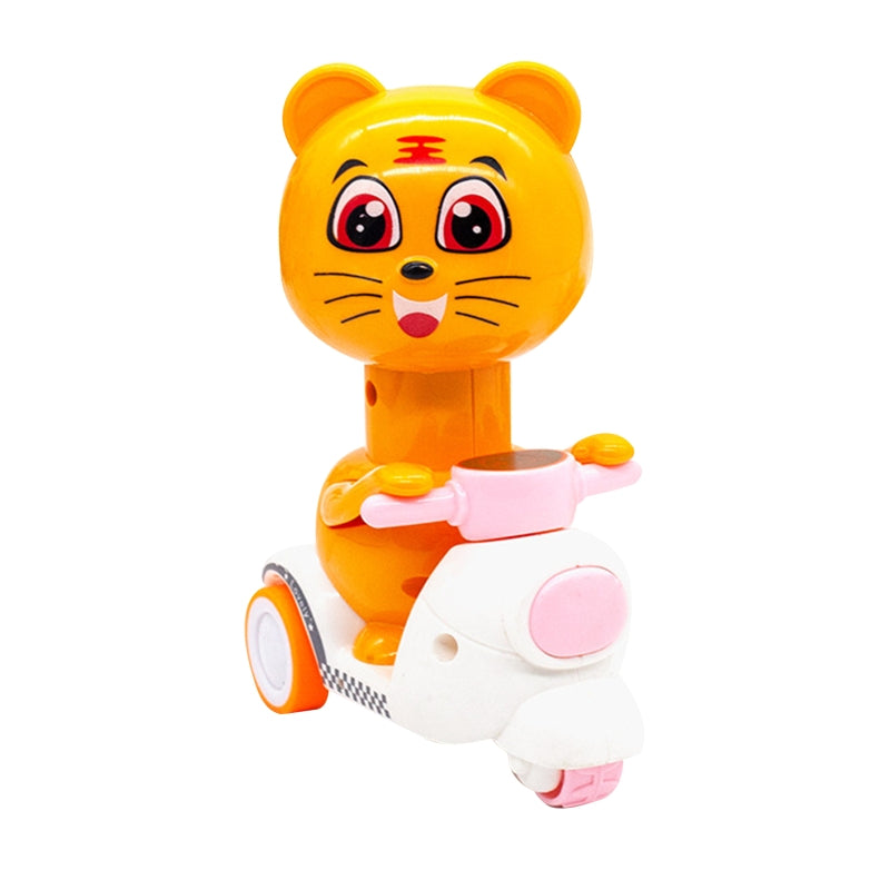 Orange tiger rider on a white toy motorcycle with pink accents