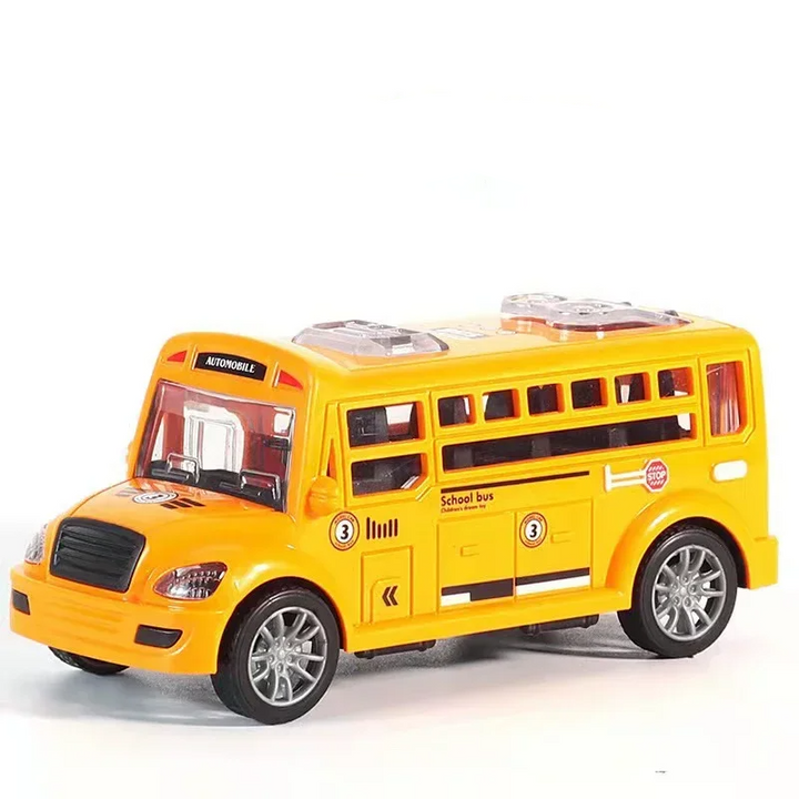Orange toy bus with black window trim and silver-colored wheels