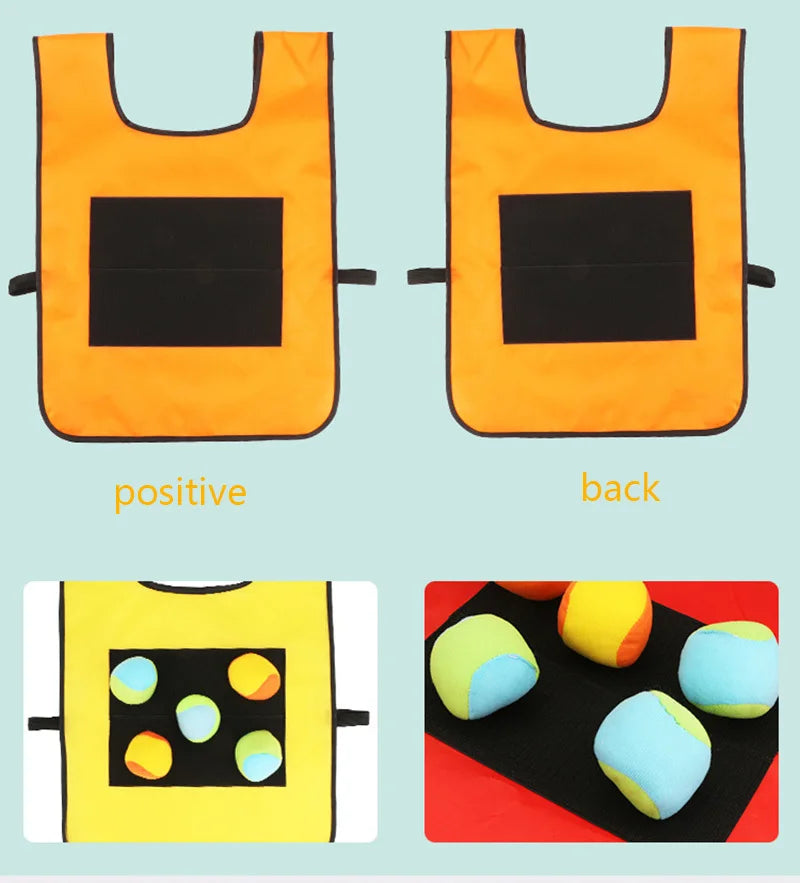 Front and back views of an orange game vest with close-ups of balls attached to a catch panel