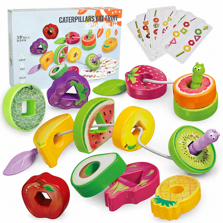 Fruit lacing set with colorful pieces, caterpillar-tipped cords, and matching cards