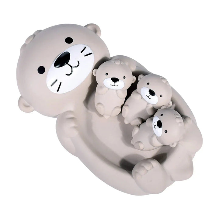 Four-piece otter bath toy family with three small otters resting on the large otter&