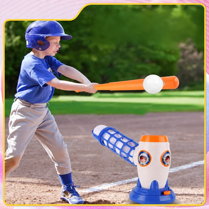 Child swinging a bat at a white ball beside the baseball pitching machine outdoors