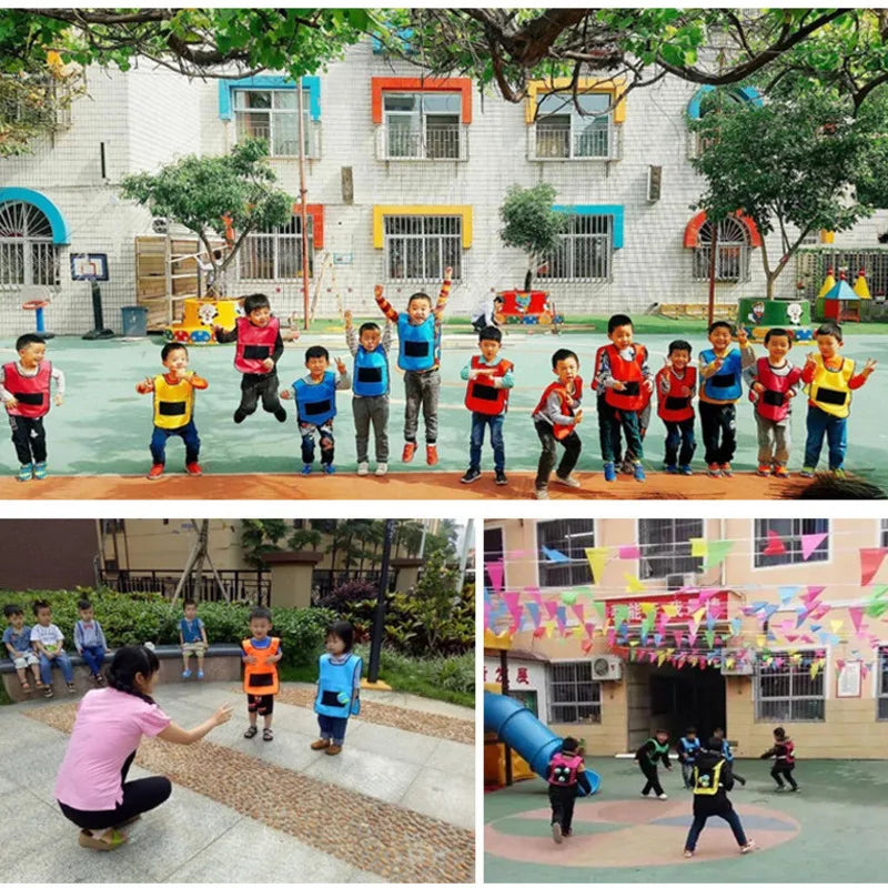 Groups of children playing ball-toss games with colorful vests in outdoor play areas