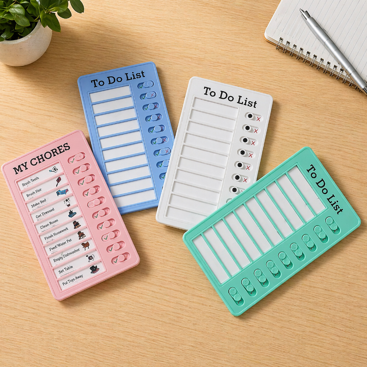 Four chore charts arranged on a desk, showing task slots and sliding completion indicators.