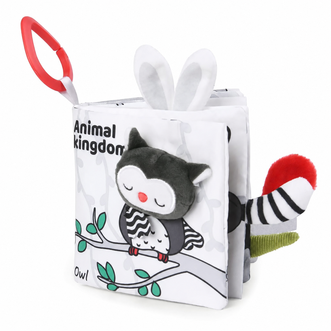 Animal kingdom fabric book with a soft owl cover, raised ears, colorful tails and a red hanging loop