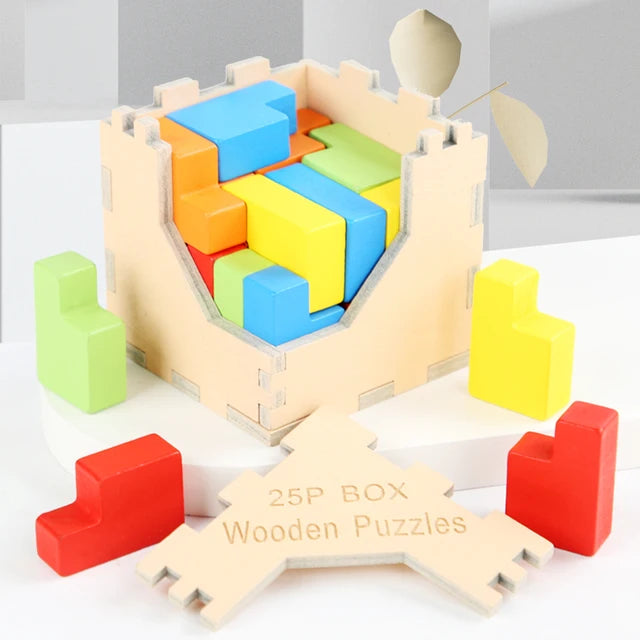 Colorful P-shaped wooden blocks arranged around an open cube puzzle frame