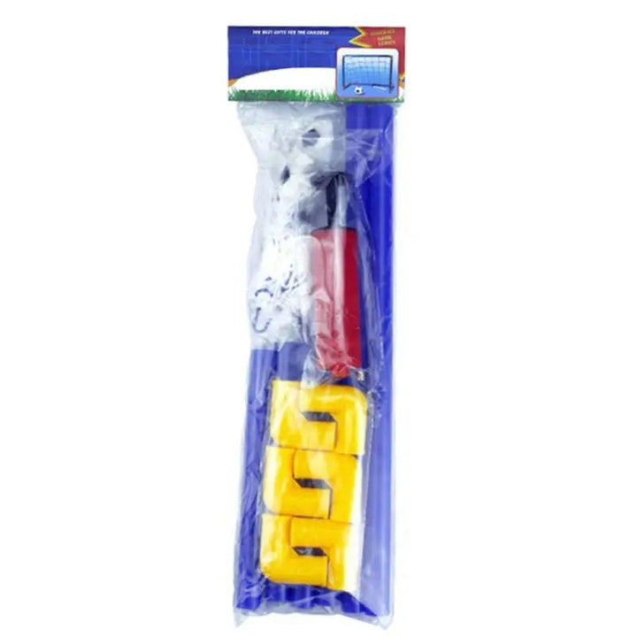 Soccer goal components with yellow connectors and a red hand pump in a clear hanging package.