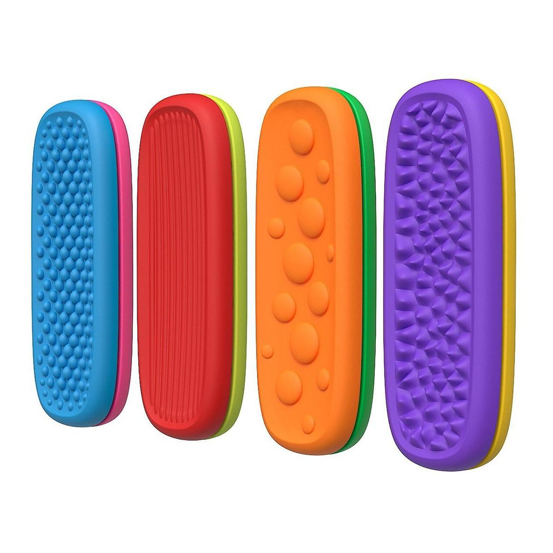Colorful sensory strips grouped in pairs to show four different raised surface patterns.