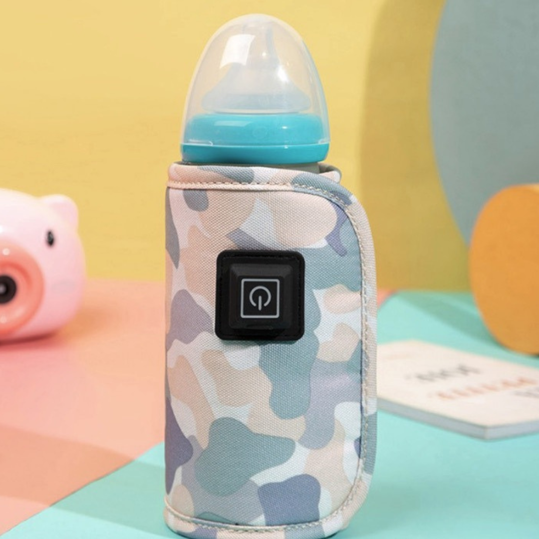 Pale camouflage bottle warmer around a blue-capped baby bottle.
