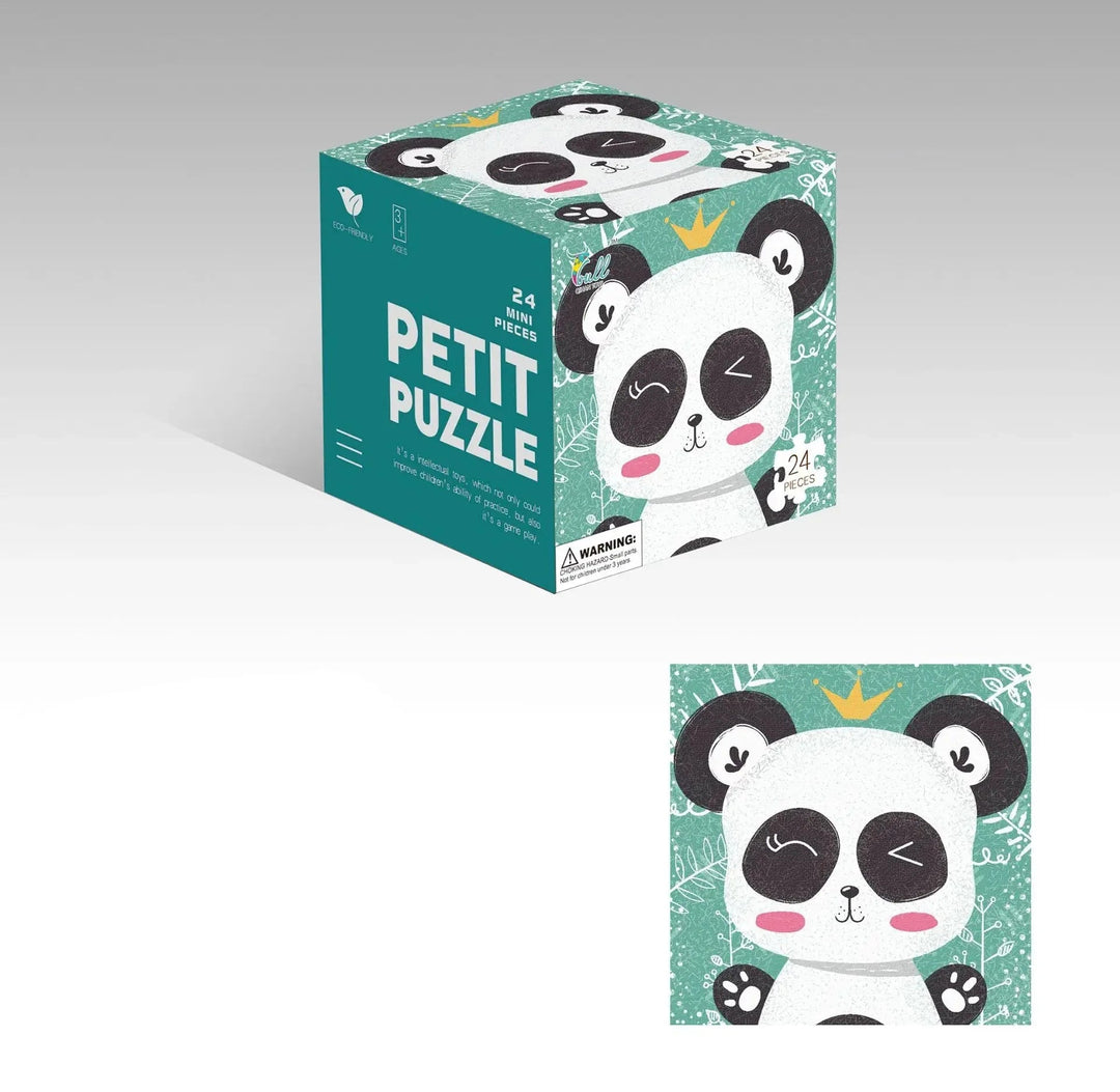 Panda jigsaw puzzle with a green background and a matching cube box