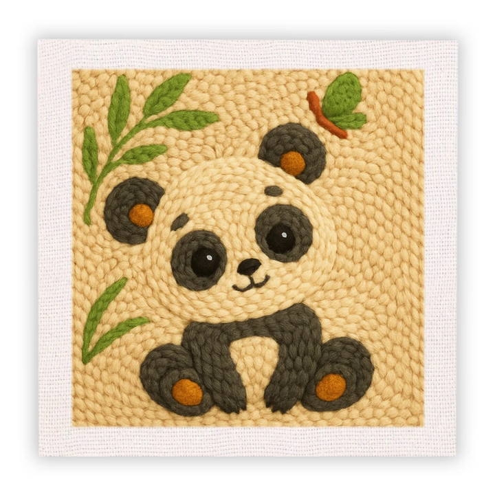 Panda embroidery with green leaves on a cream background.