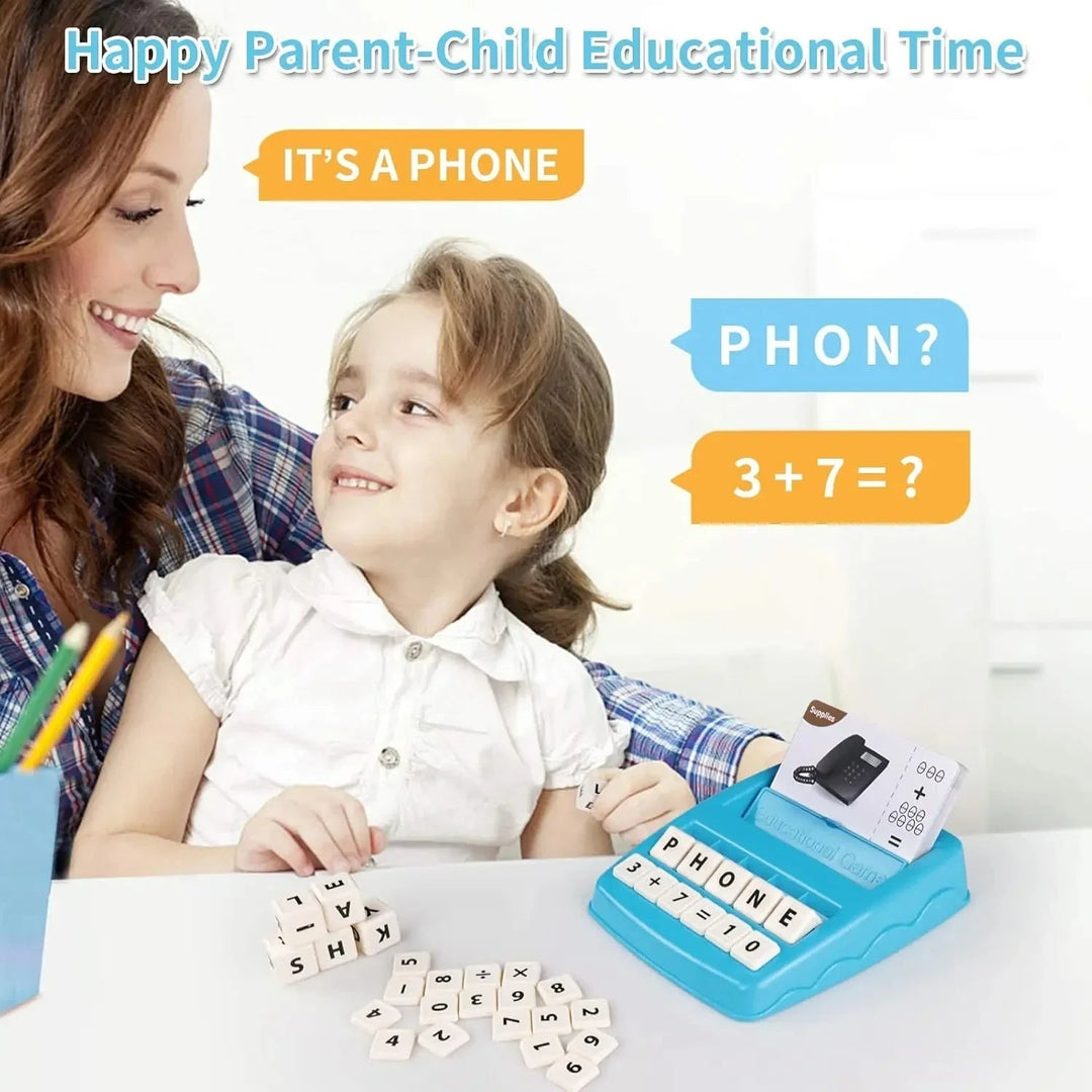 Adult and child using the blue learning tray with a phone card and loose letter cubes.