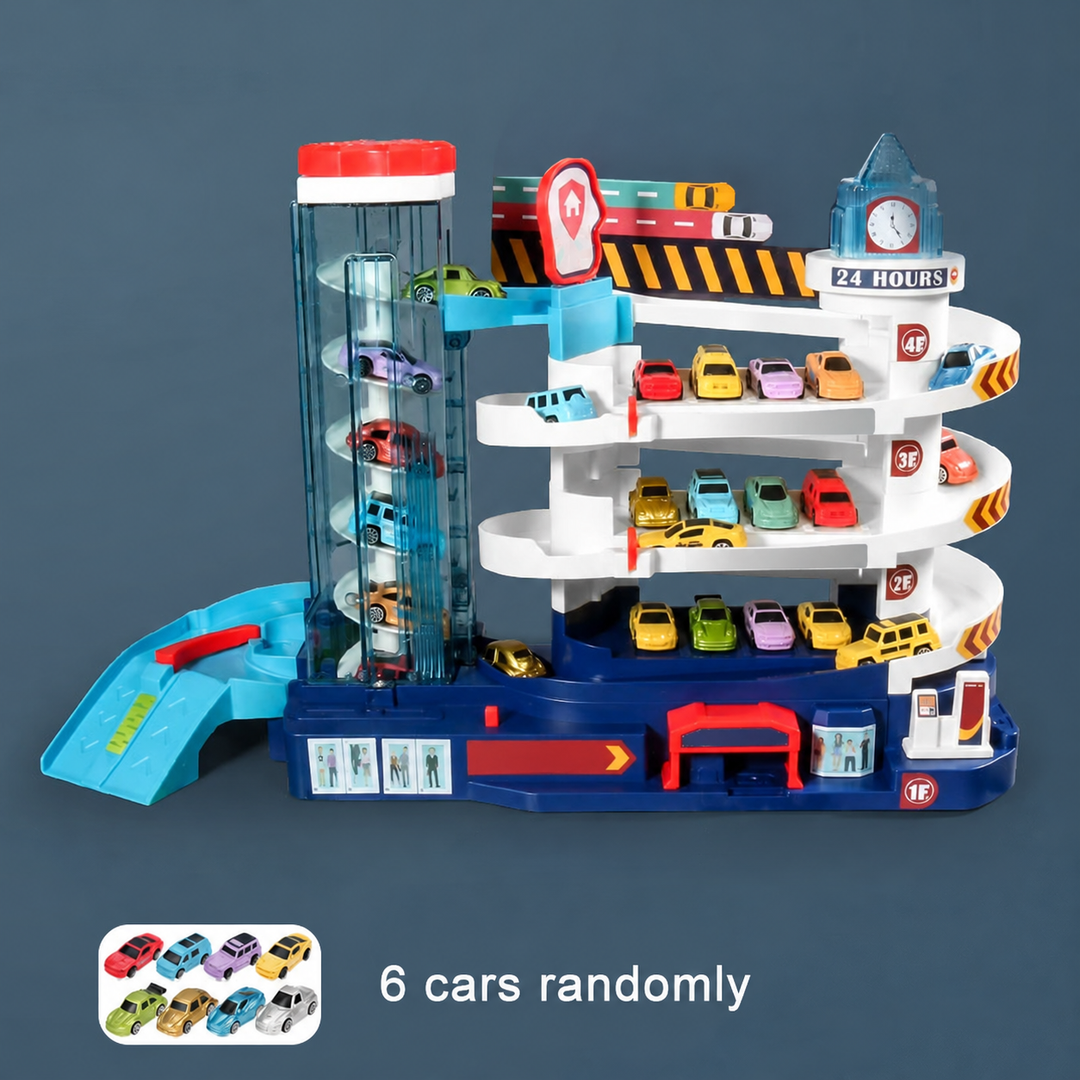 Multilevel parking garage with a clear elevator tower, toy cars, and a blue exit ramp.