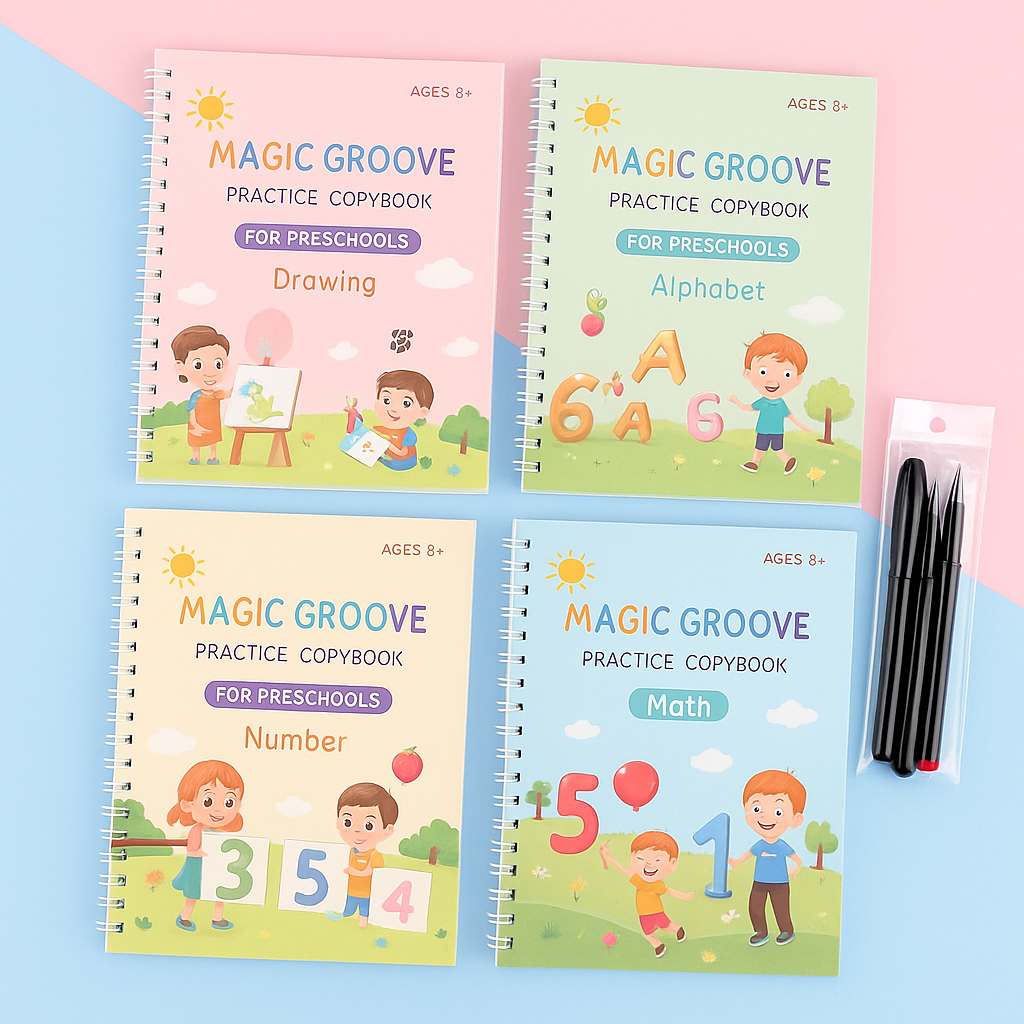 Four pastel-covered practice workbooks with drawing, alphabet, number, and math activities